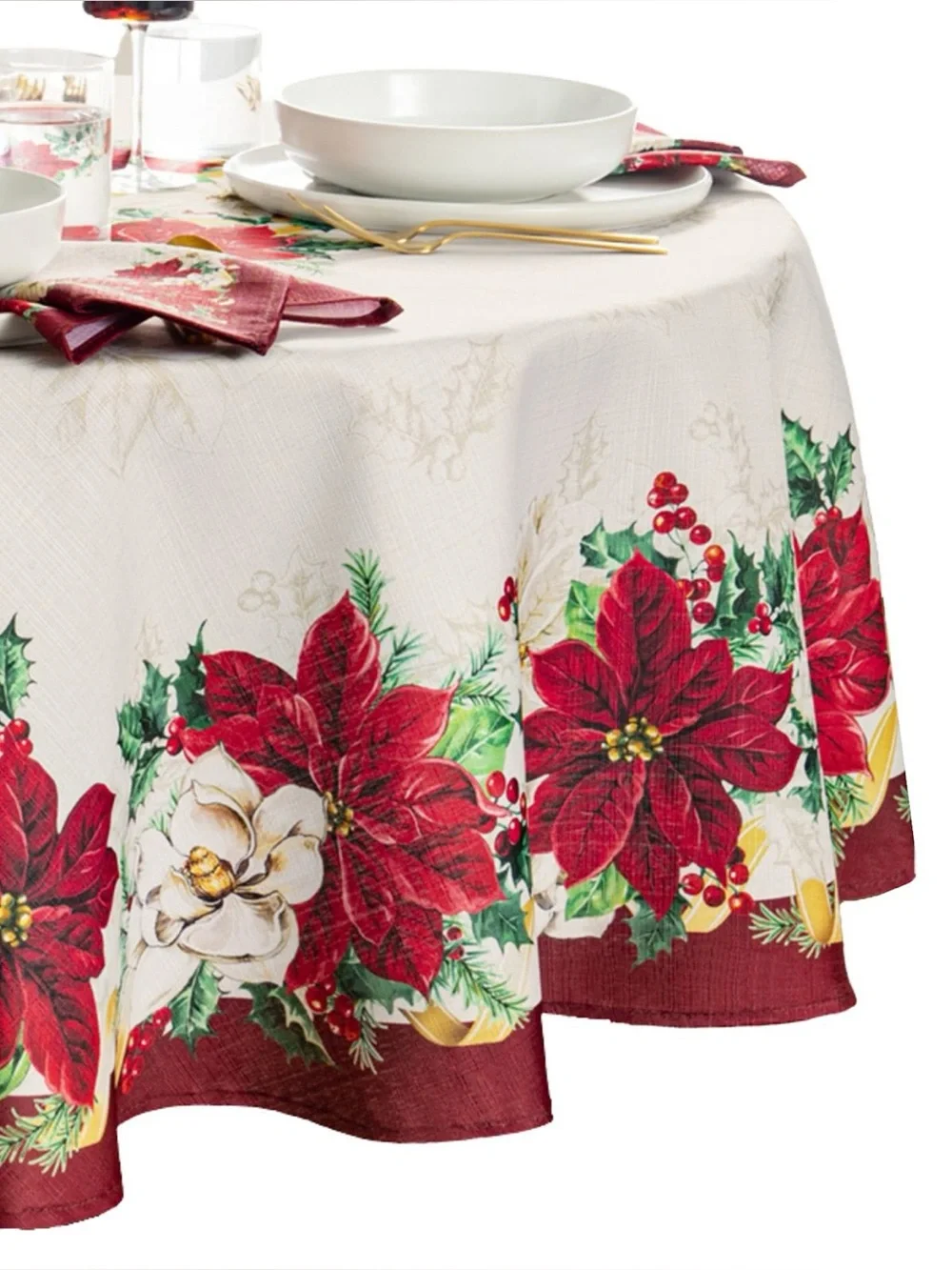 Festive Poinsettia Holiday Tablecloth in Red & White